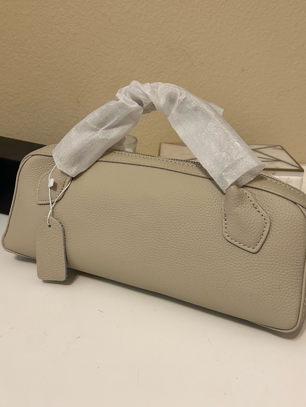 Designer Pebbled Leather Baguette Bag Light Beige